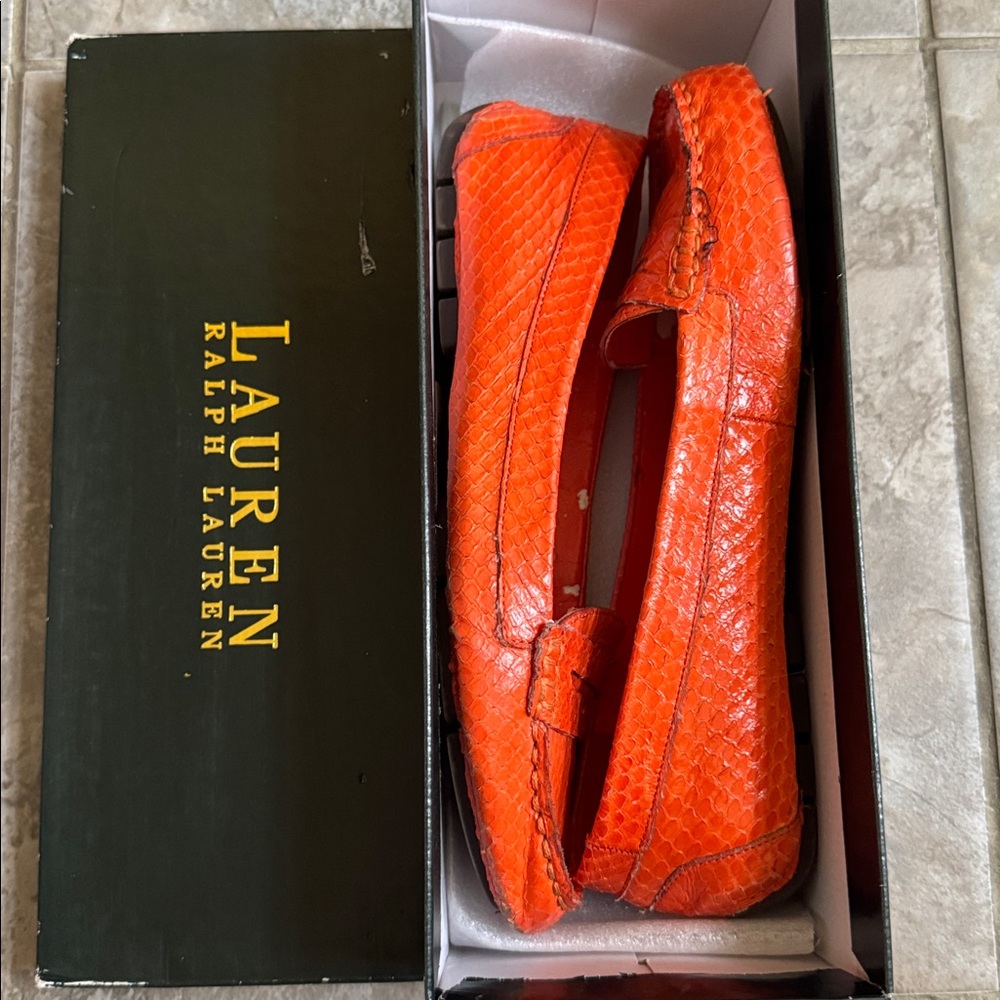 Lauren Ralph Lauren Women's Bright Corita Tangerine Orange Snakeskin Flats